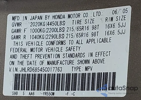 2005 Honda Cr-V Lx from USA, damaged, VIN JHLRD68545C017763